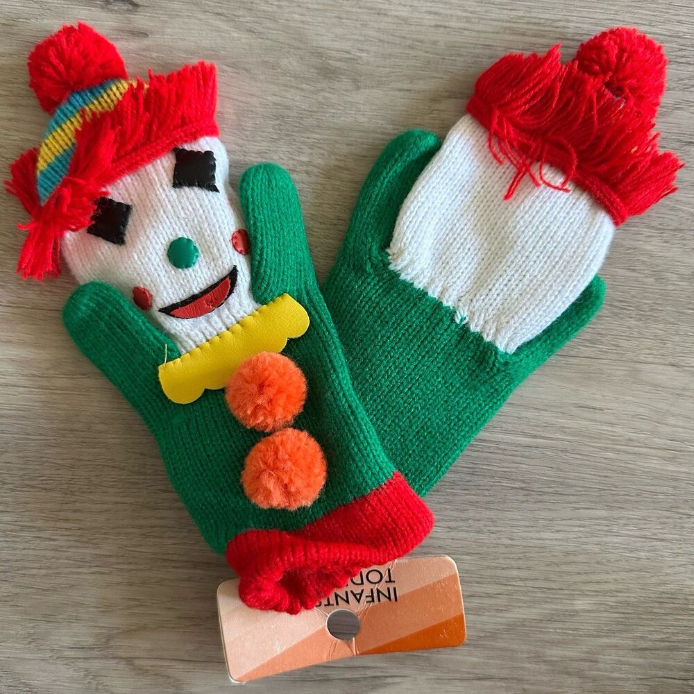 Vintage Early 1980s Multicolored Knit Clown Mittens NEW Old Stock with Kmart Tag